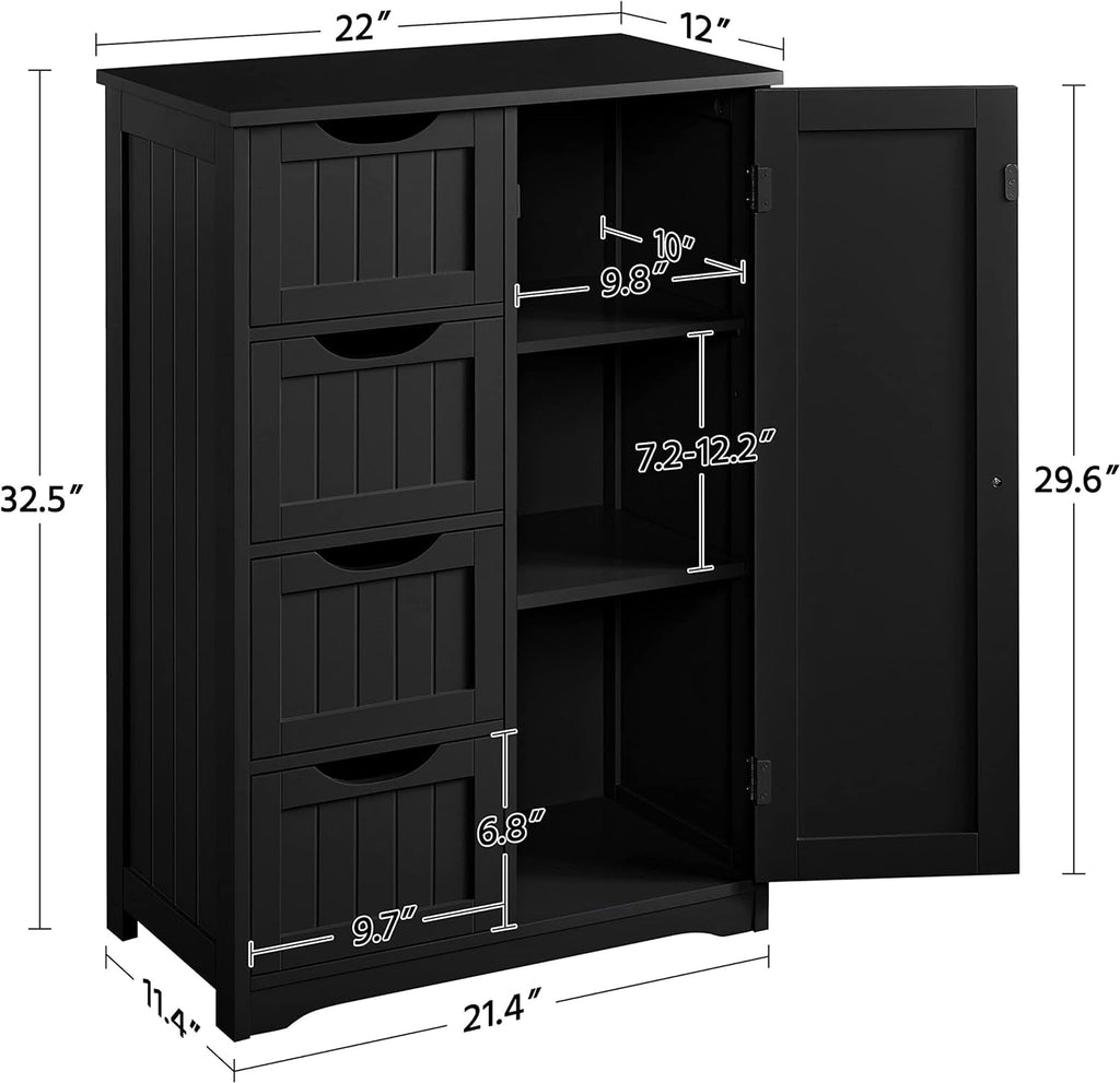 Bathroom Floor Storage Cabinet — 4 Drawers & Cupboard, Black