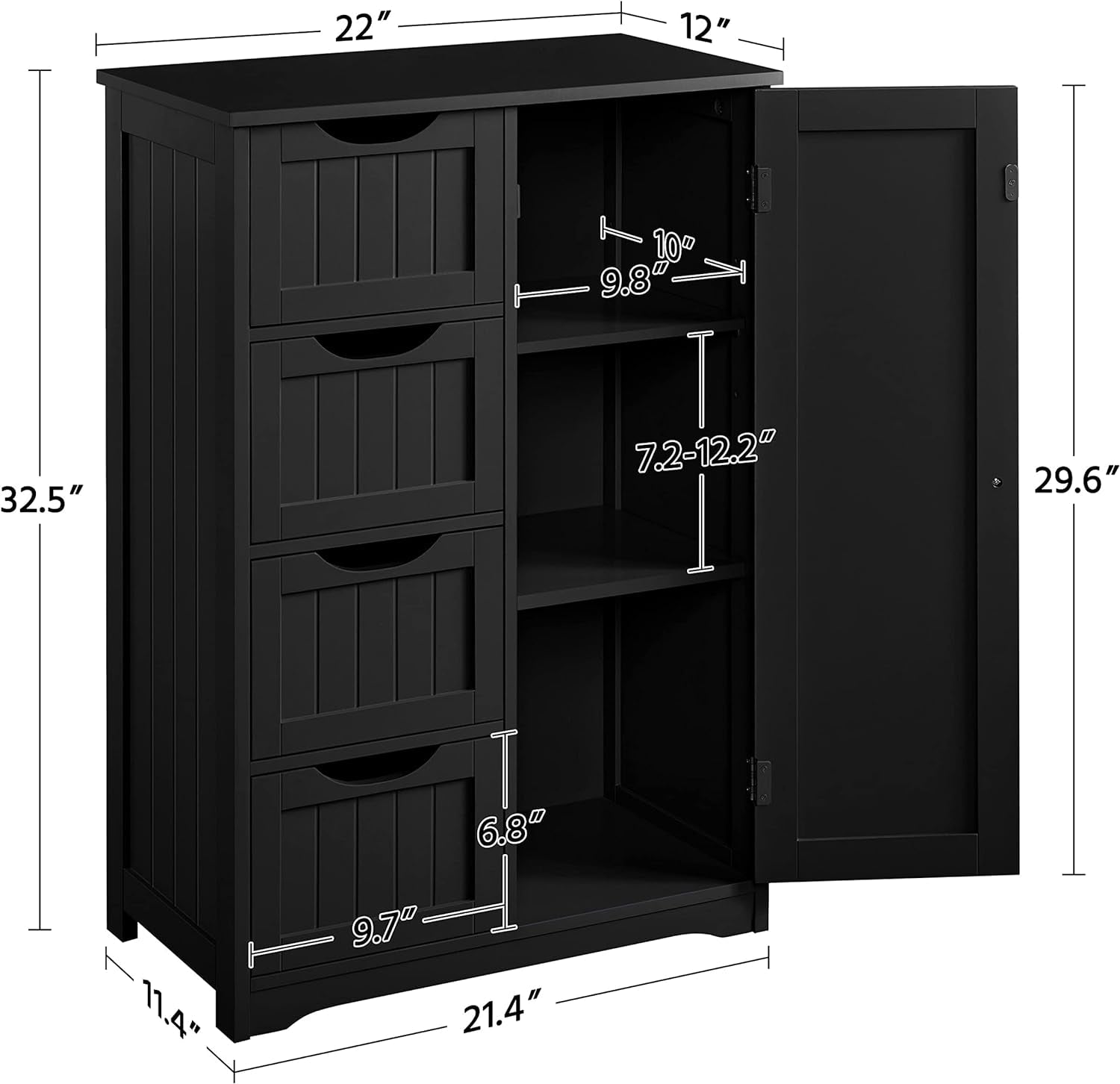 Bathroom Floor Storage Cabinet — 4 Drawers & Cupboard, Black