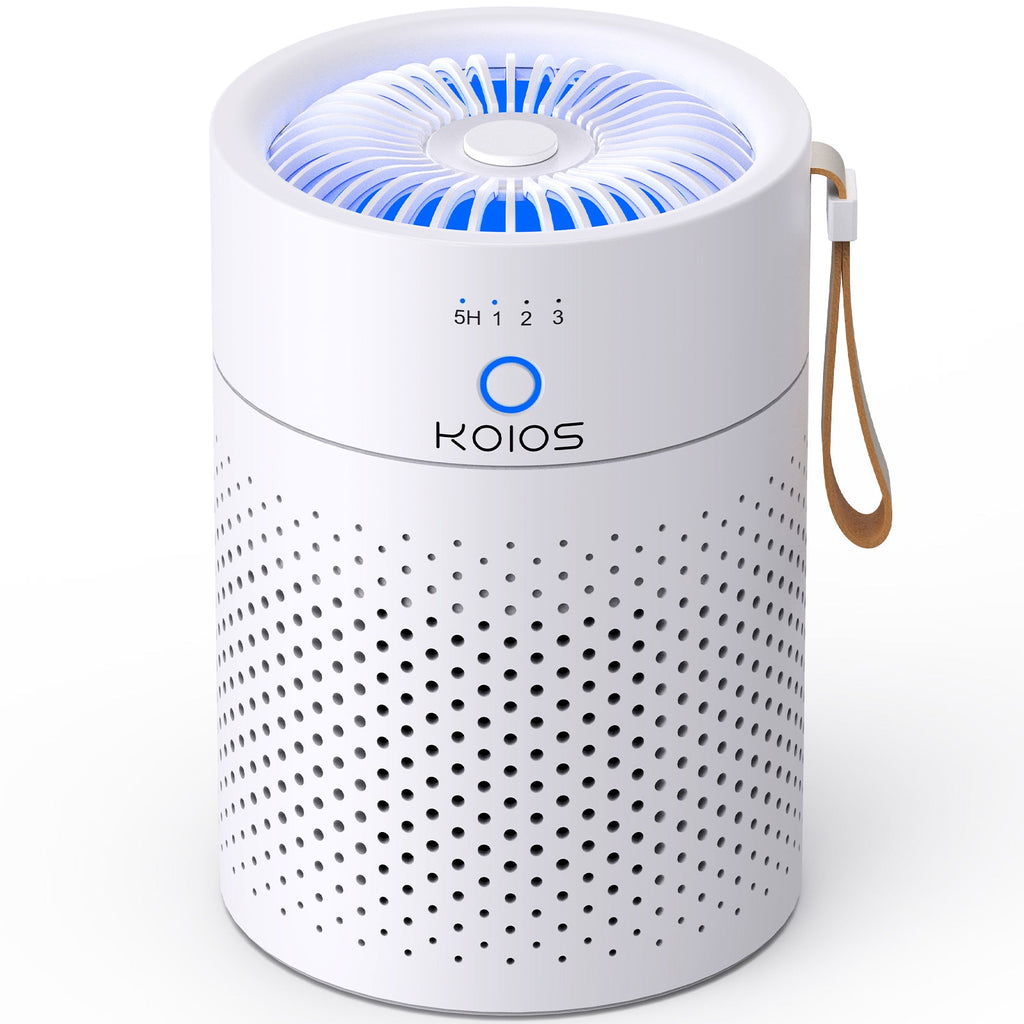 White KOIOS air purifier with blue light on a white background