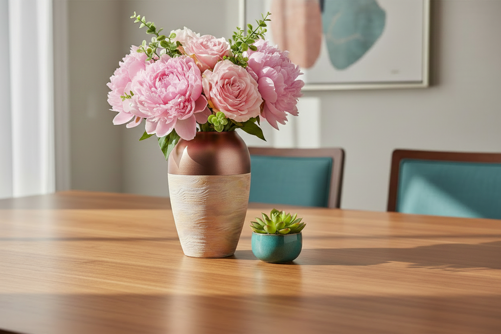 Vase with pink flowers on a wooden table with chairs in the background