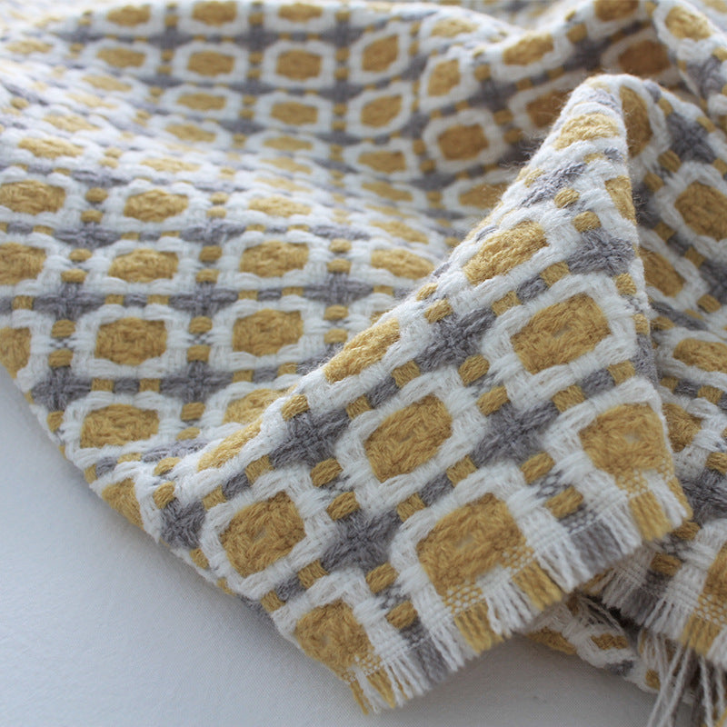 Yellow Houndstooth Knitted Throw Blanket