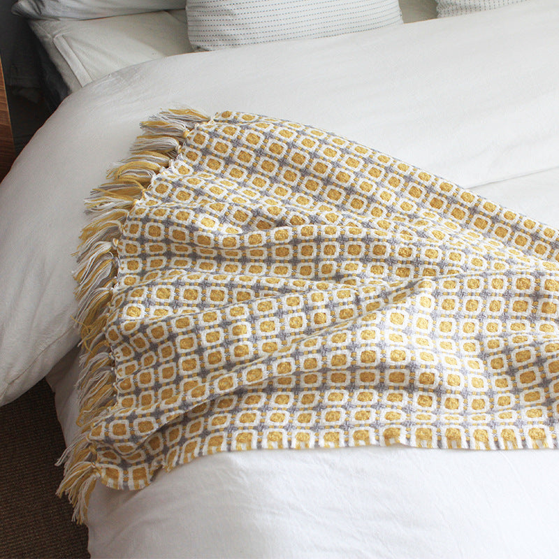 Yellow Houndstooth Knitted Throw Blanket