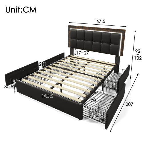 PU Belt, LED Strip And Bed Frame With 4 Drawers