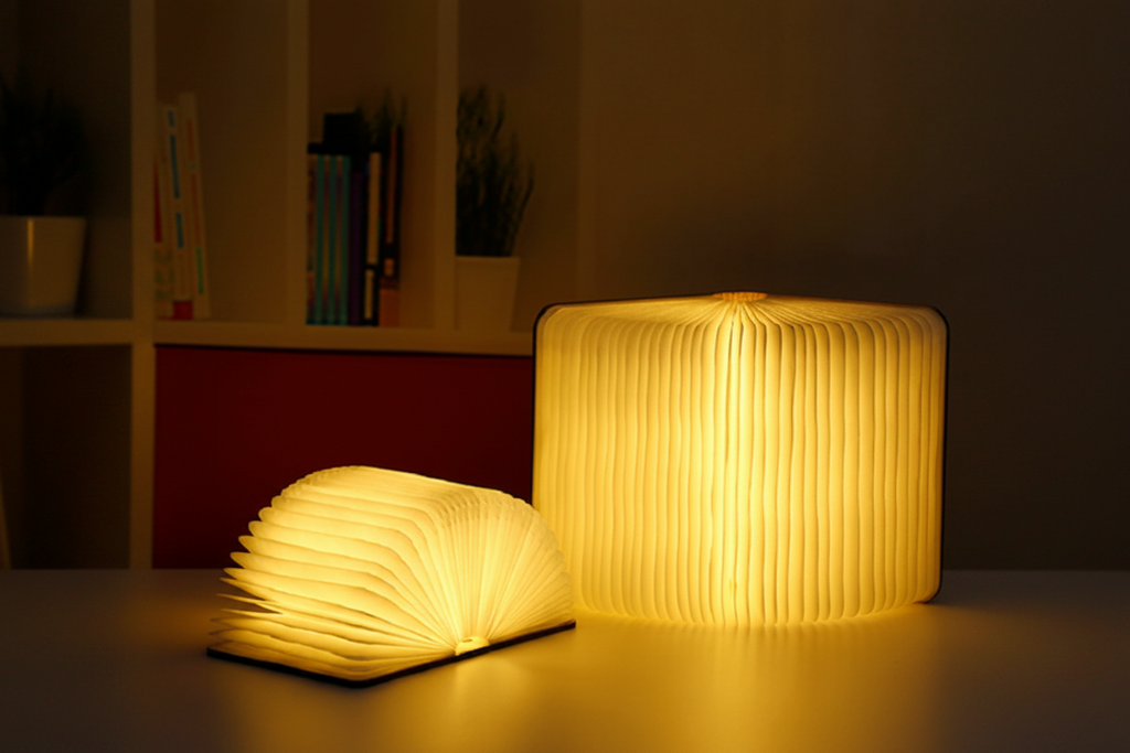 Two illuminated lampshades on a surface with a blurred background