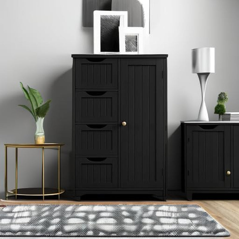 Bathroom Floor Storage Cabinet — 4 Drawers & Cupboard, Black
