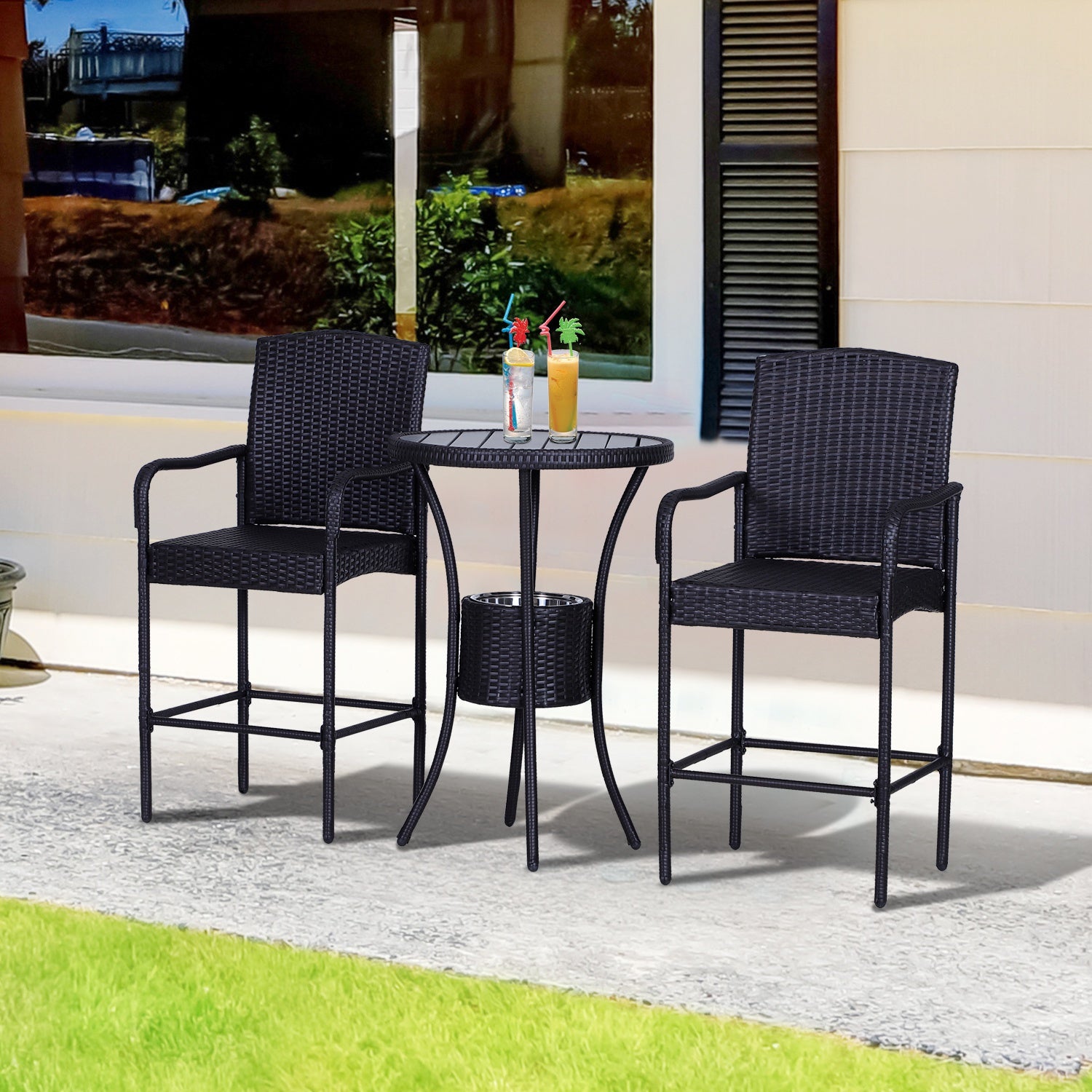 Rattan Bistro Bar Set with Ice Bucket — 3 Piece