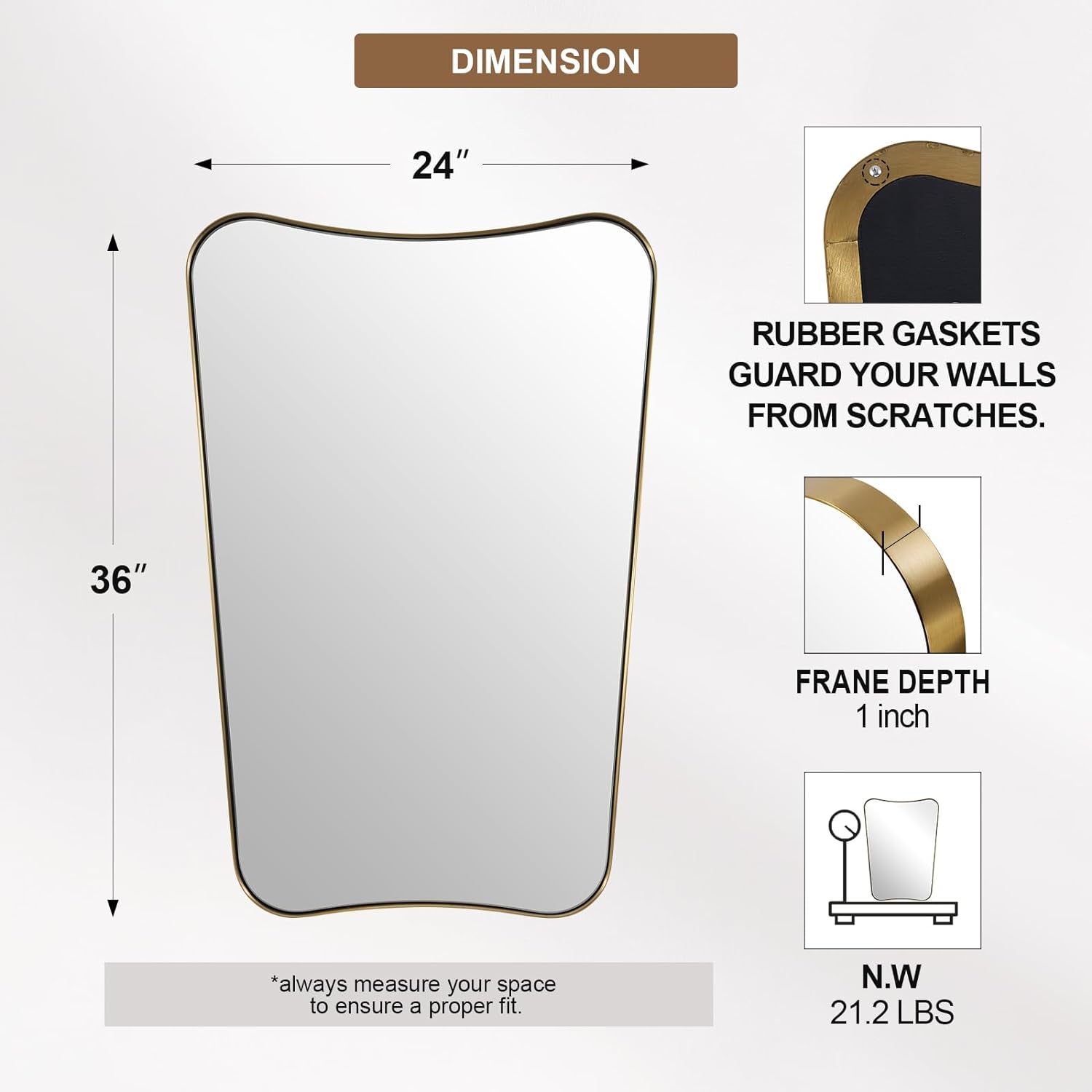 Asymmetric Wall Mirror — Brushed Gold, 24" × 36"
