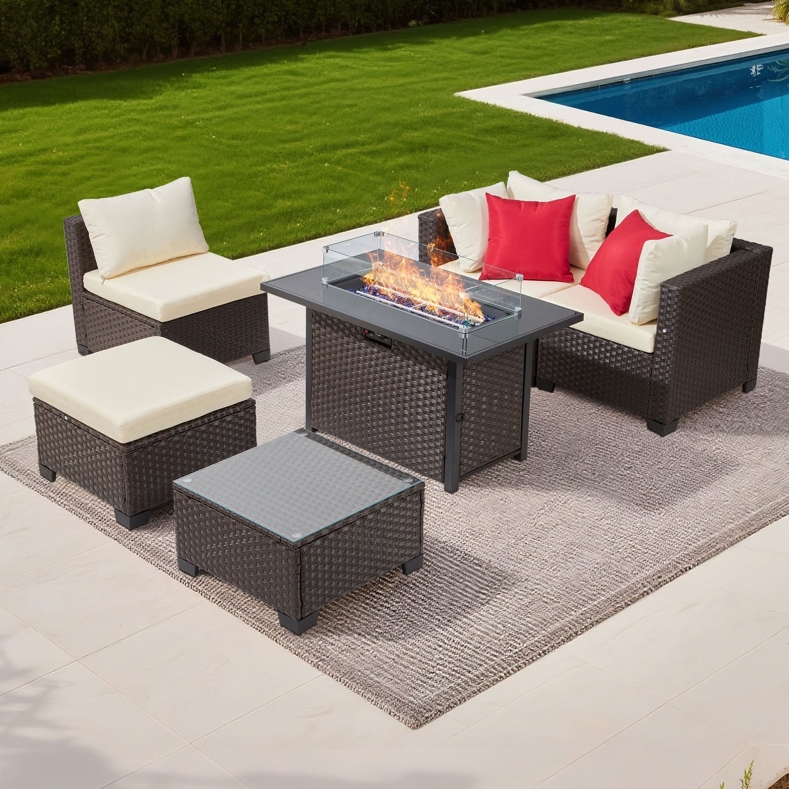 6-Piece Wicker Rattan Patio Set with Fire Pit Table & Ottoman