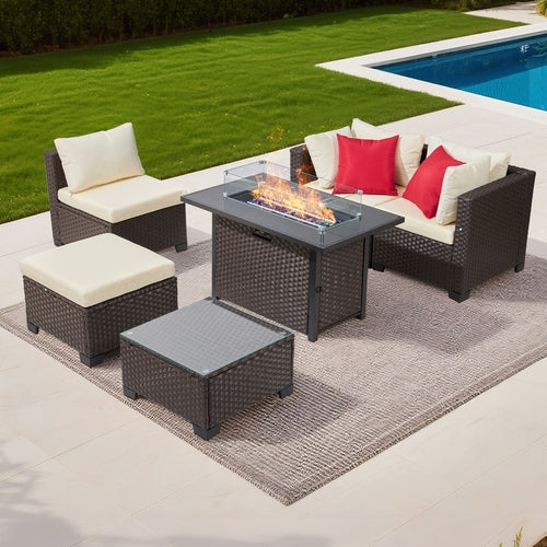 6-Piece Wicker Rattan Patio Set with Fire Pit Table & Ottoman