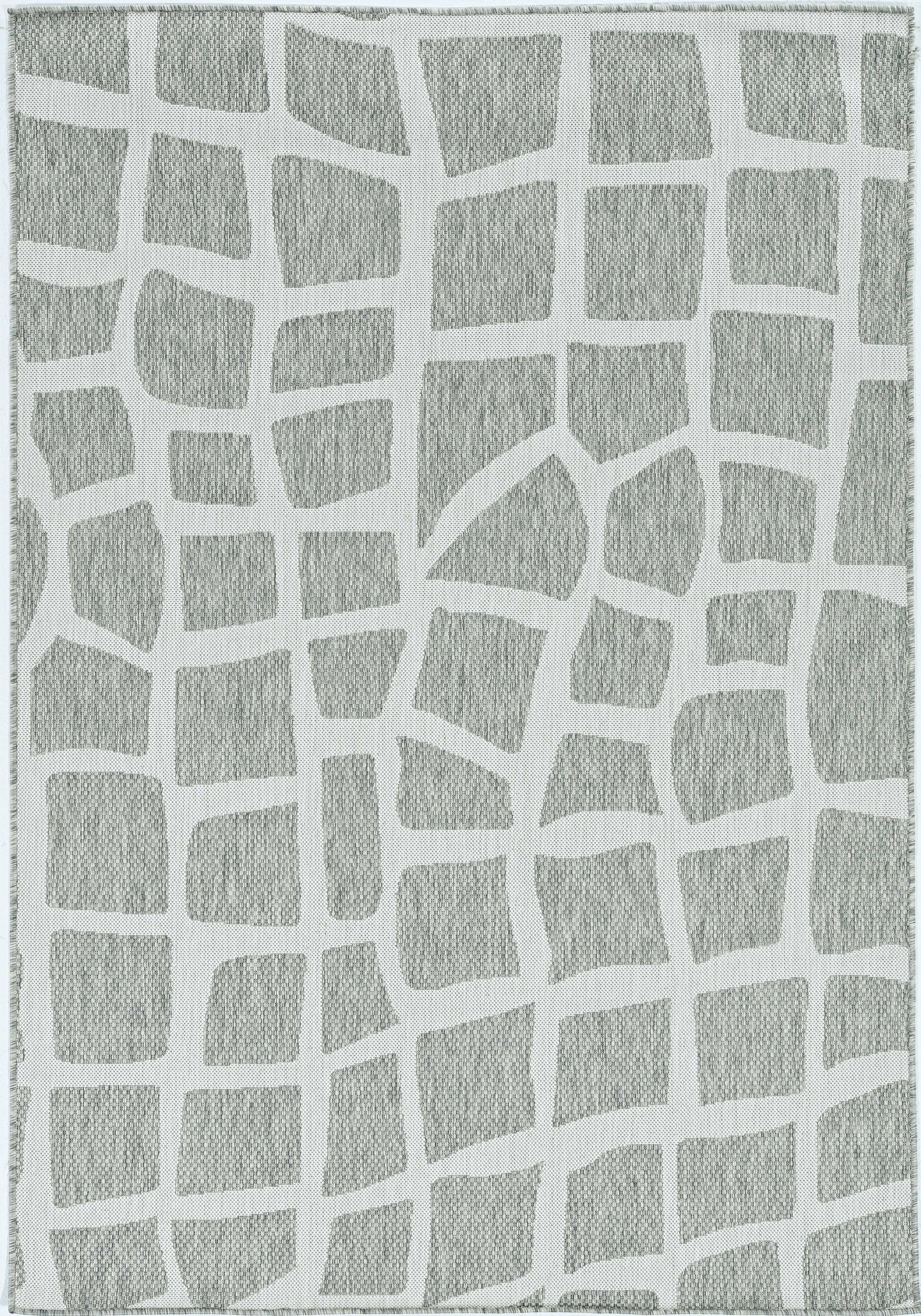 Abstract Tiles Round Indoor Outdoor Rug — Ivory & Grey
