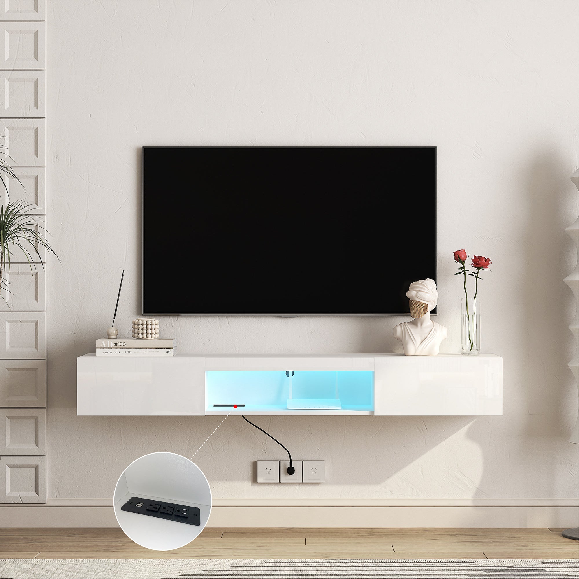 Floating TV Wall Shelf with 16-Colour LED Lights — 55–65"