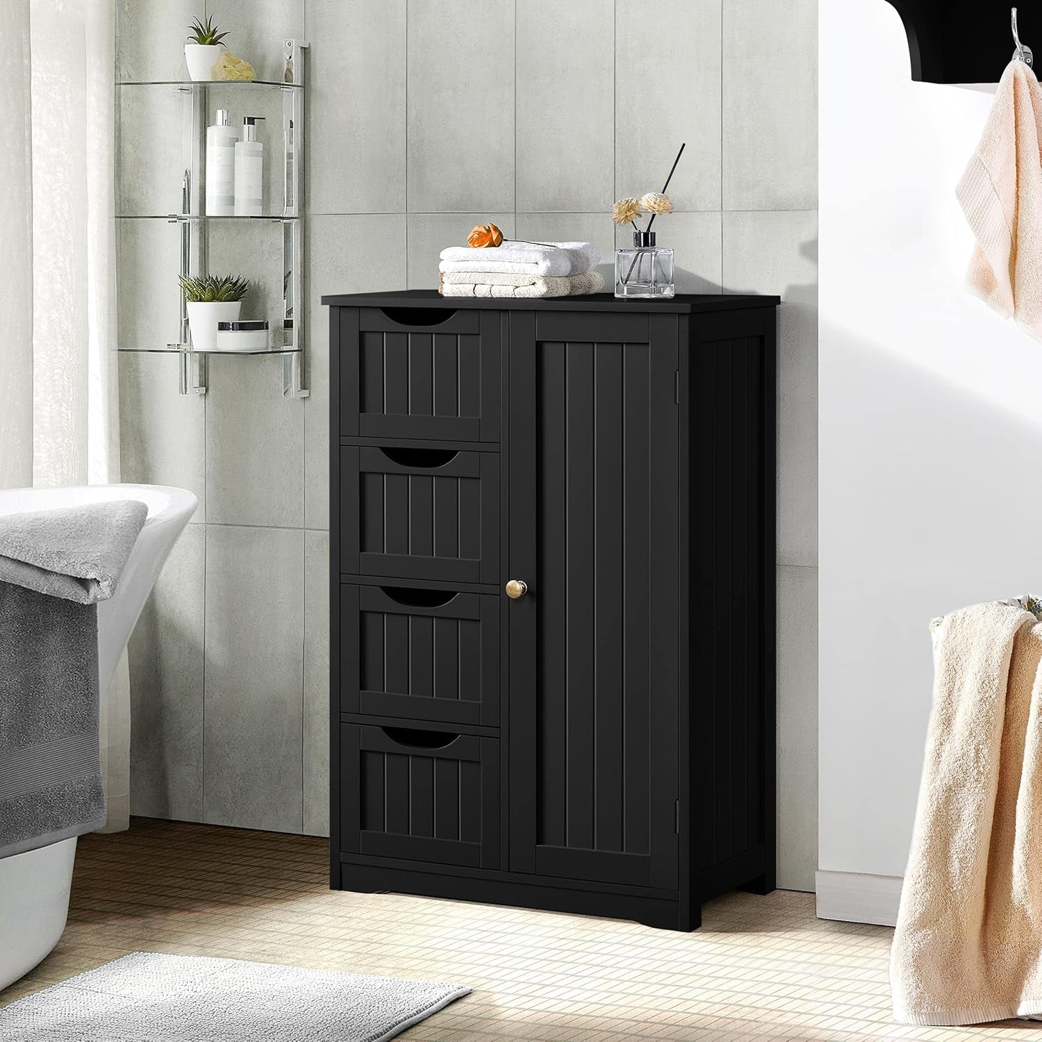 Bathroom Floor Storage Cabinet — 4 Drawers & Cupboard, Black