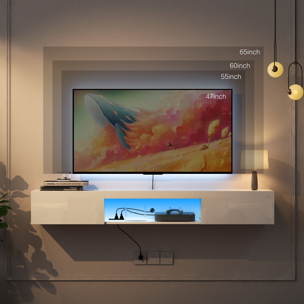 Floating TV Wall Shelf with 16-Colour LED Lights — 55–65"