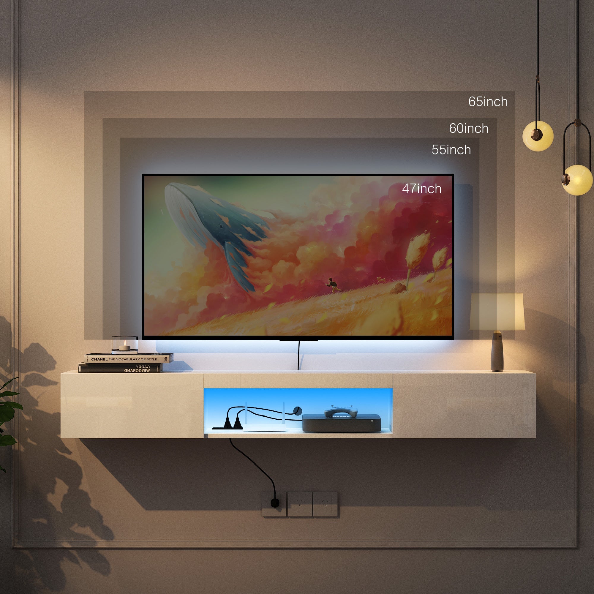Floating TV Wall Shelf with 16-Colour LED Lights — 55–65"