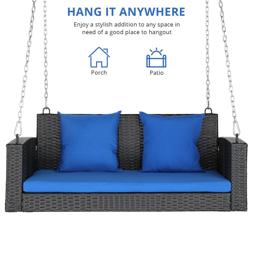 4ft Rattan Hanging Swing Chair with Blue Cushions