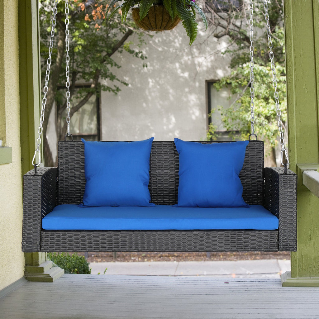 4ft Rattan Hanging Swing Chair with Blue Cushions