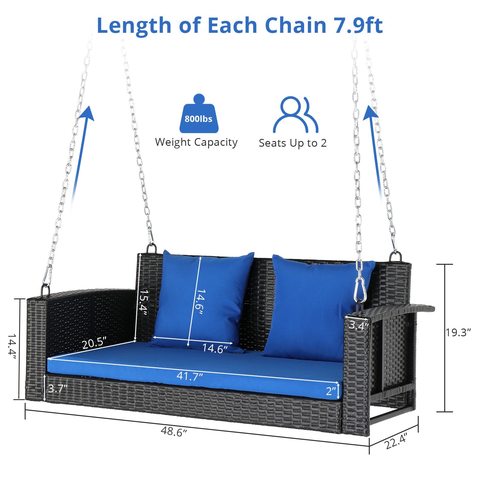 4ft Rattan Hanging Swing Chair with Blue Cushions