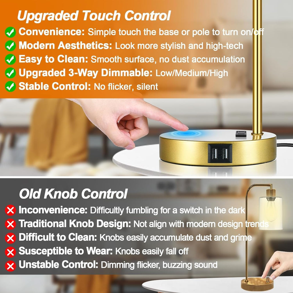 Touch Control Bedside Lamps with USB Ports (2-Pack)
