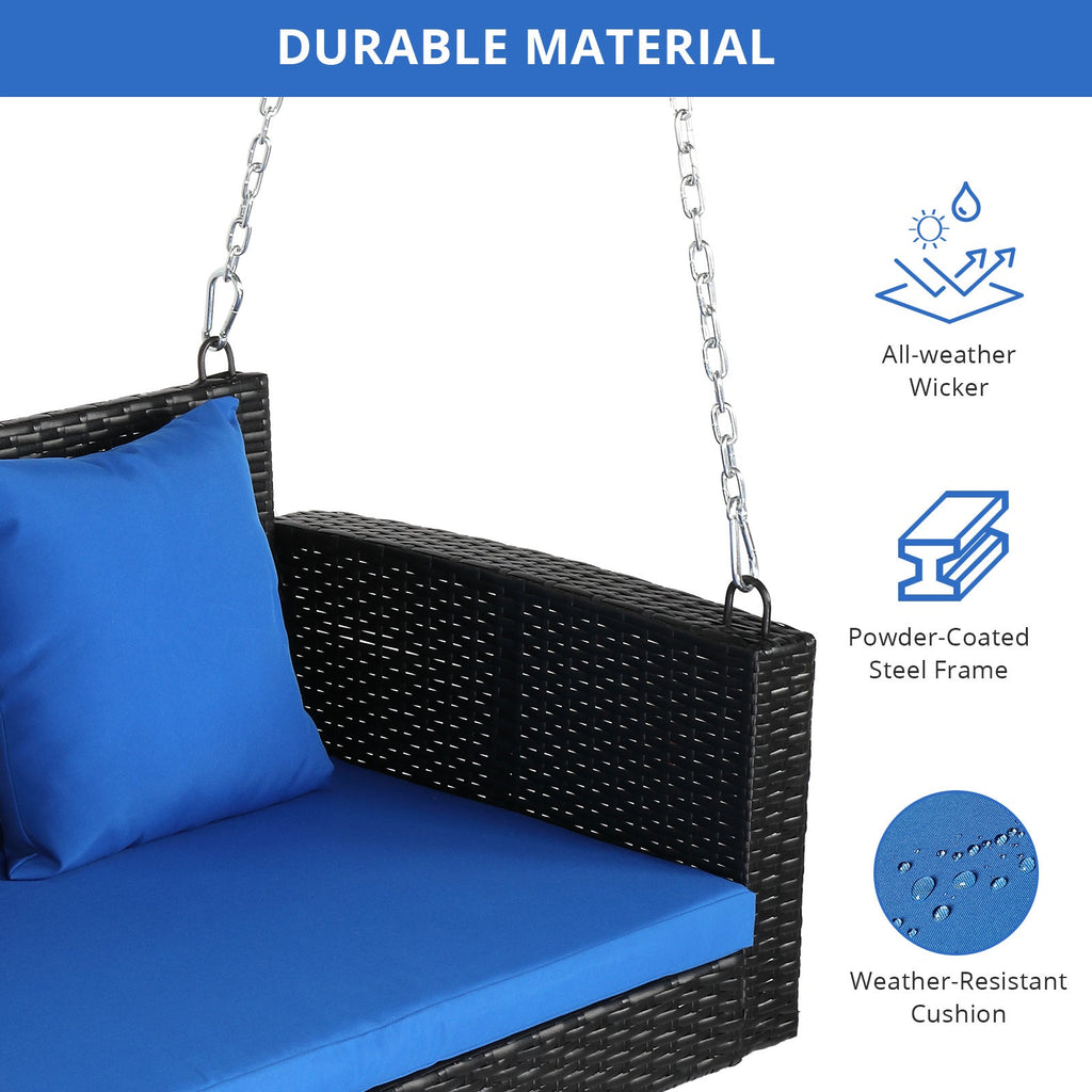 4ft Rattan Hanging Swing Chair with Blue Cushions
