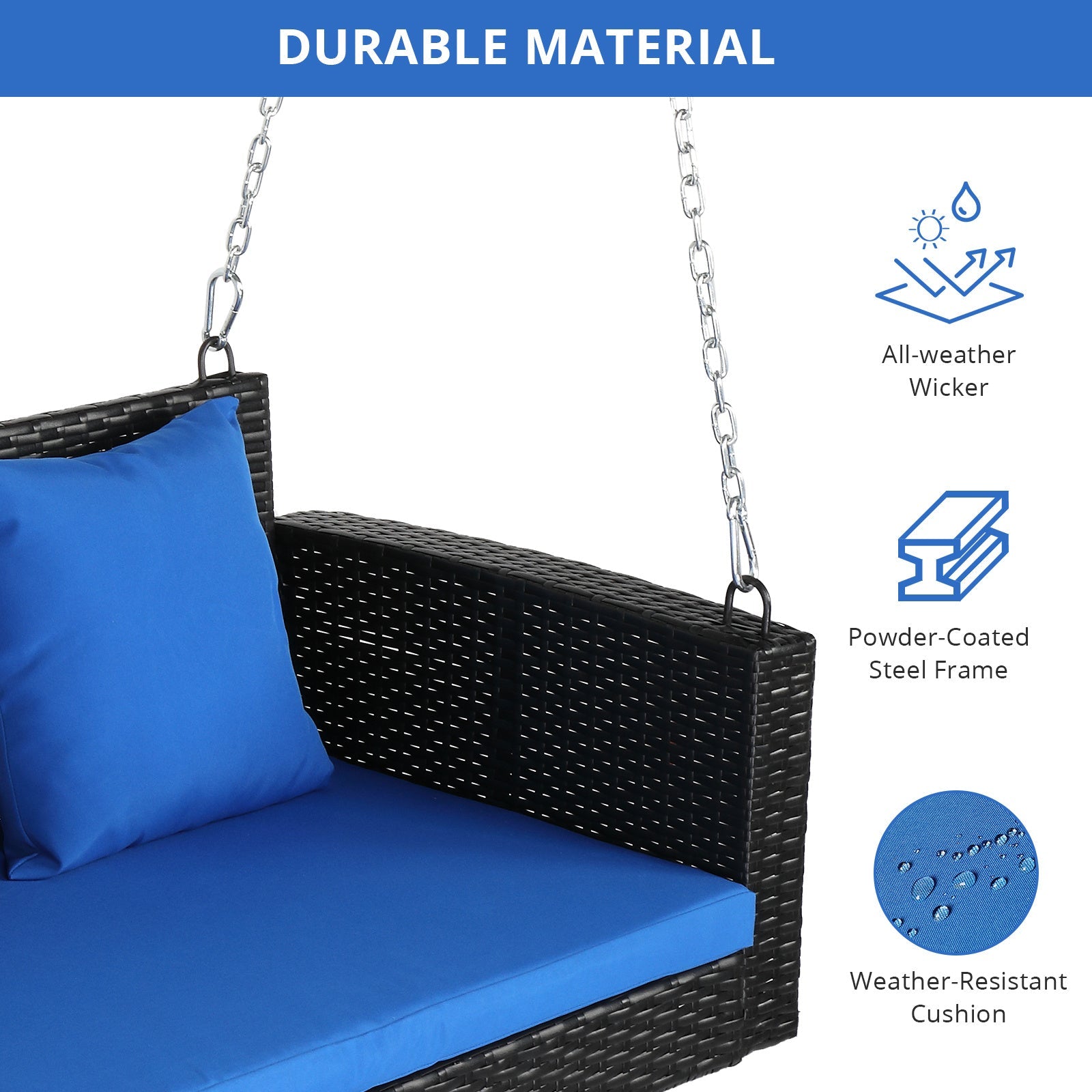 4ft Rattan Hanging Swing Chair with Blue Cushions