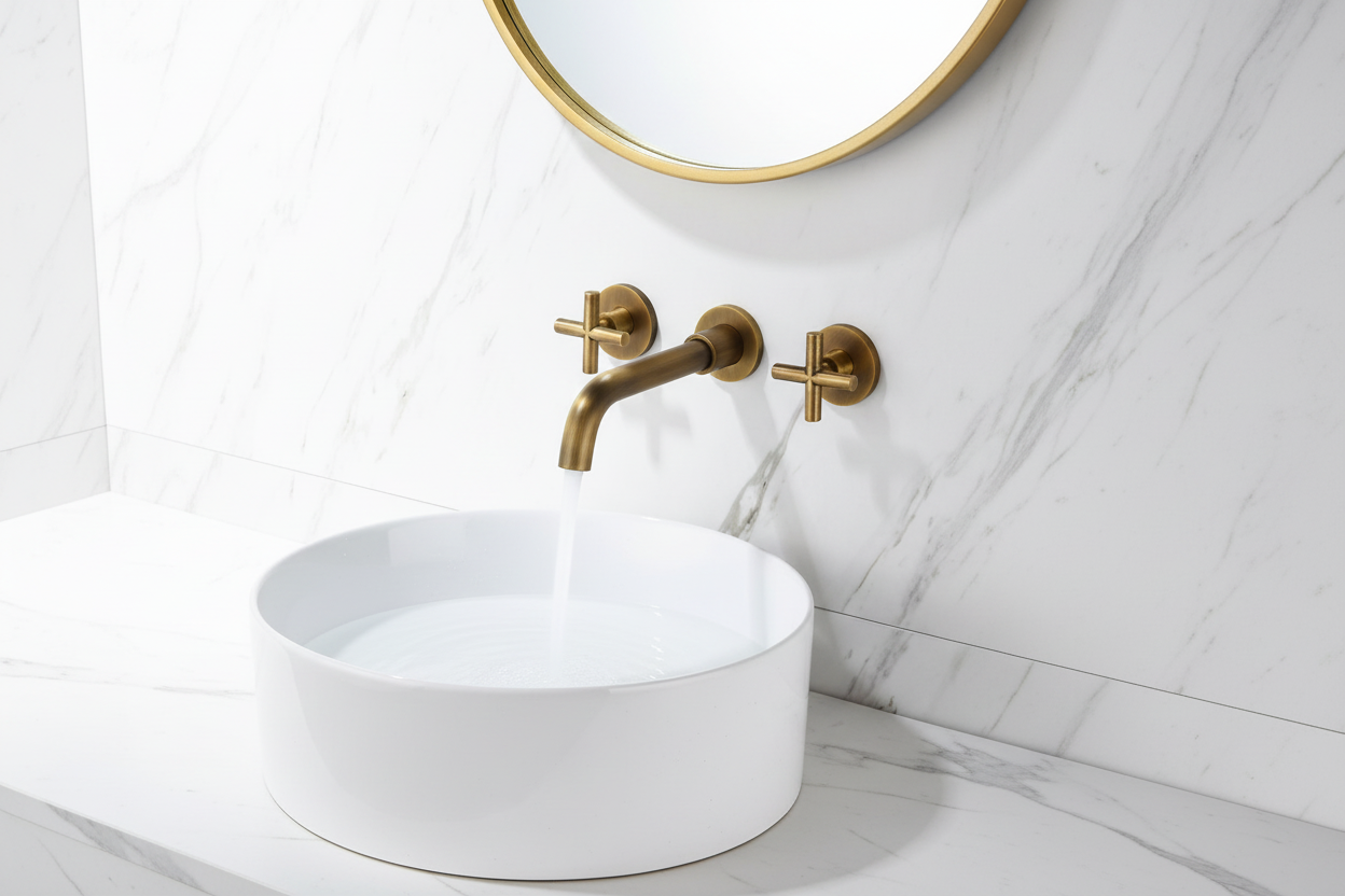 Wall-Mounted Basin Faucet — Dual Cross Handle, Gold
