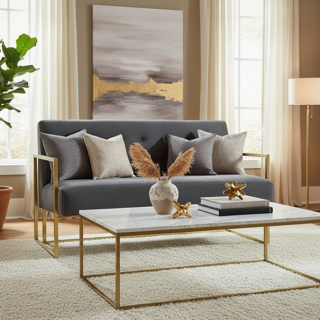 Grey Glam Sofa with Gold Metal Accents