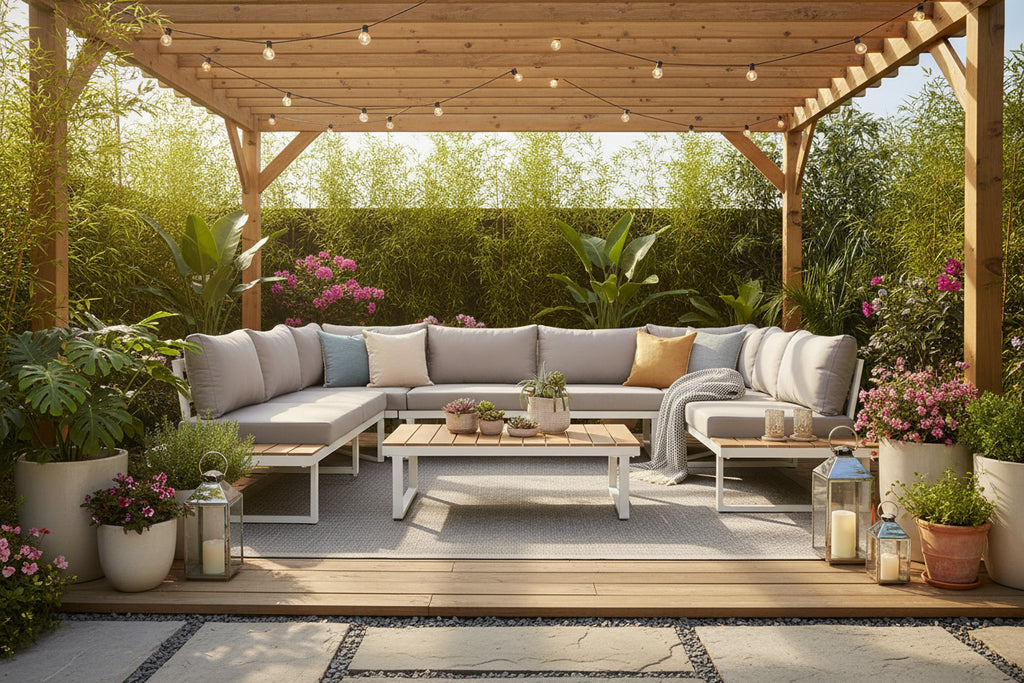 Sectional outdoor sofa with gray cushions and a wooden coffee table on a white background