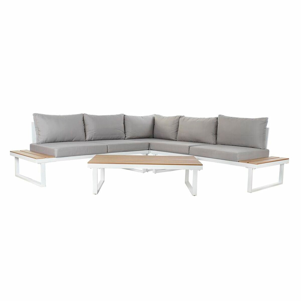 Sectional outdoor sofa with gray cushions and a wooden coffee table on a white background