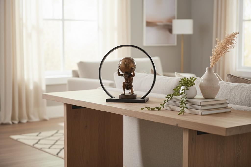 Bronze statue of a figure holding a sphere on a black base with a circular metal frame.