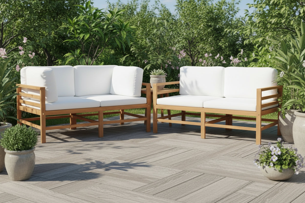 Wooden outdoor chair with white cushions on a white background