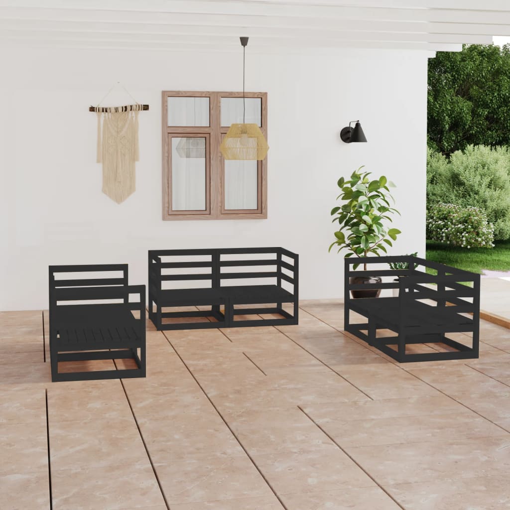 NNEVL 6 Piece Garden Lounge Set Black Solid Pinewood-0