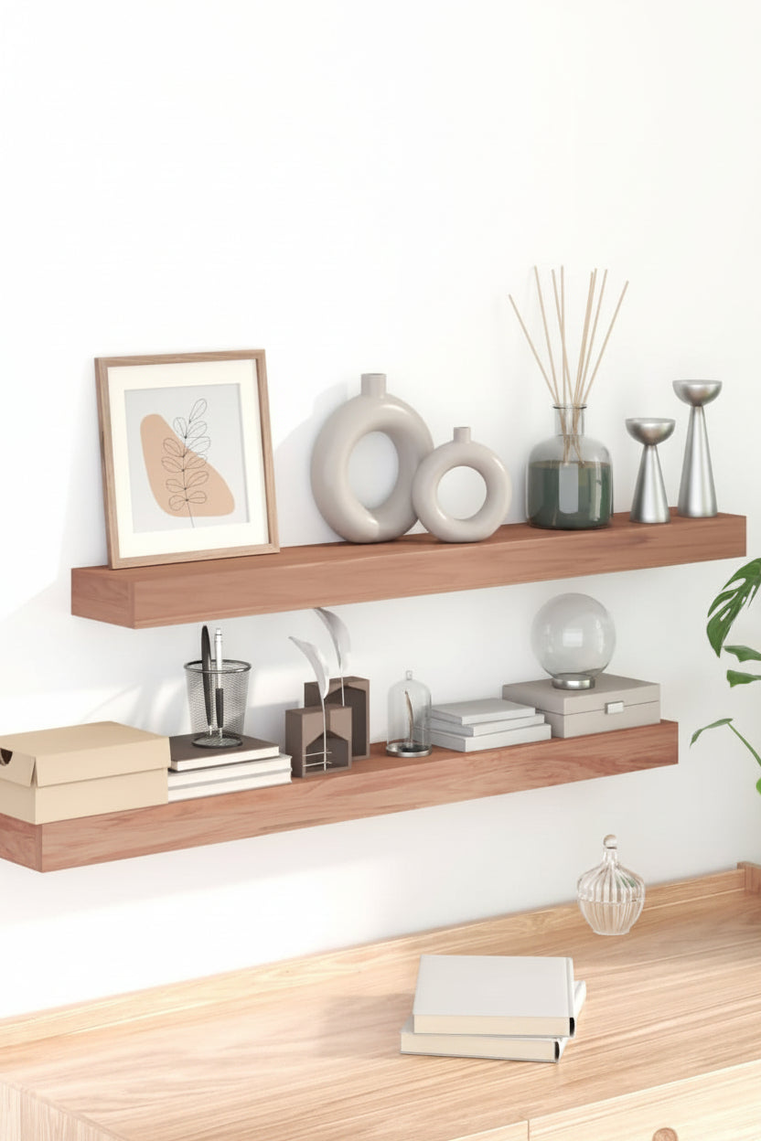 Wooden shelves with decorative items against a white wall