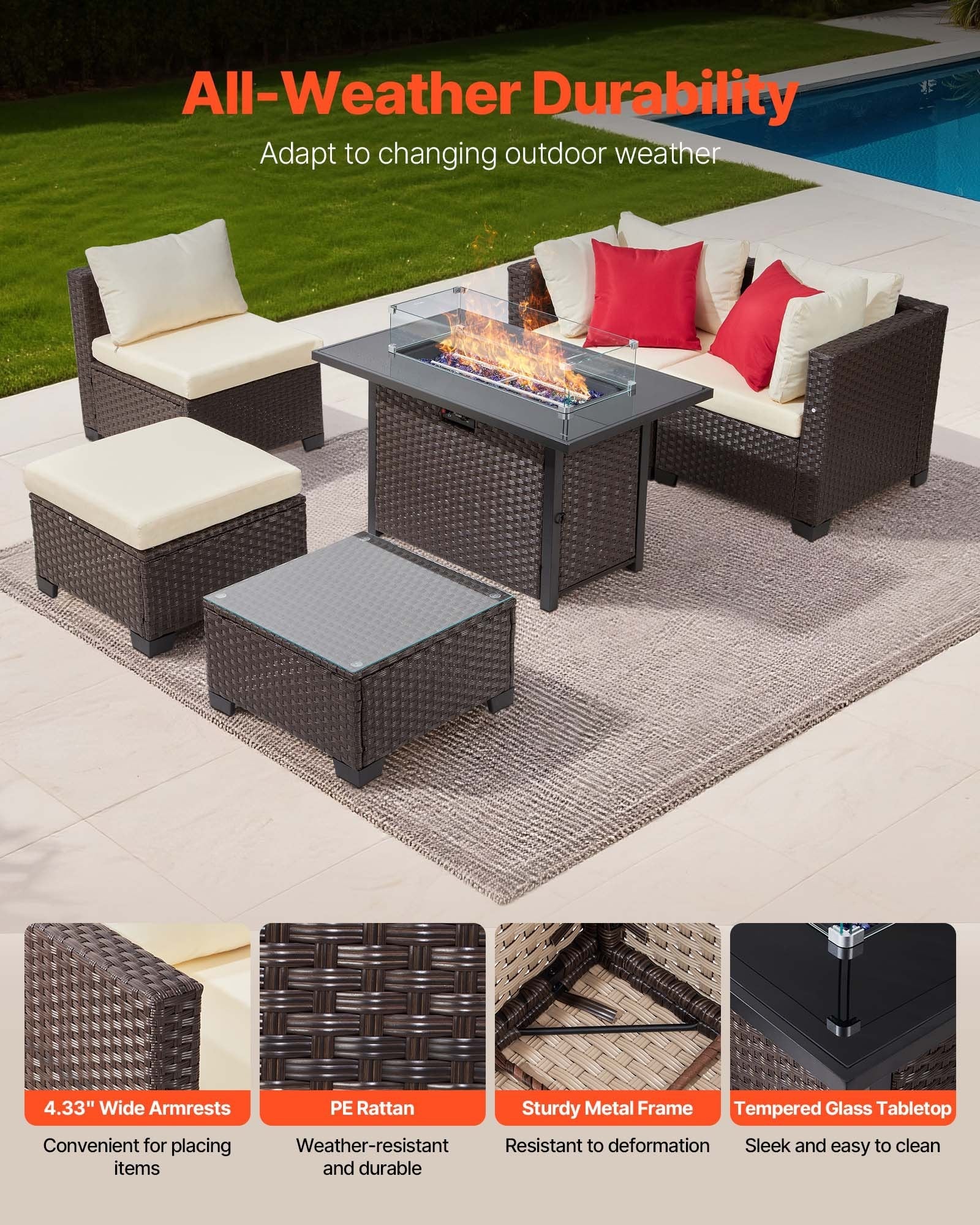 6-Piece Wicker Rattan Patio Set with Fire Pit Table & Ottoman