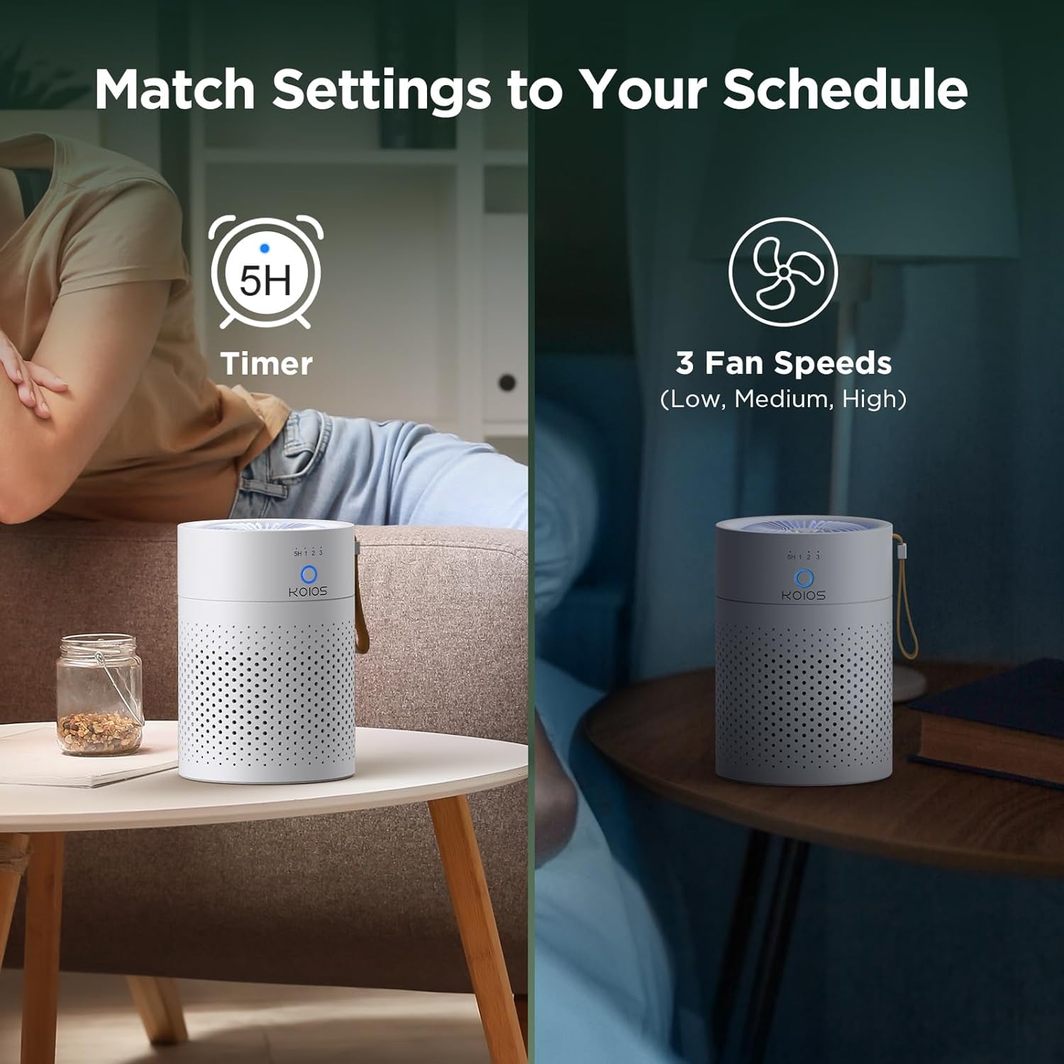 Air purifier on a table with text 'Match Settings to Your Schedule' and icons for timer and fan speeds.