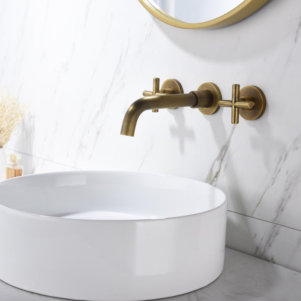 Wall-Mounted Basin Faucet — Dual Cross Handle, Gold