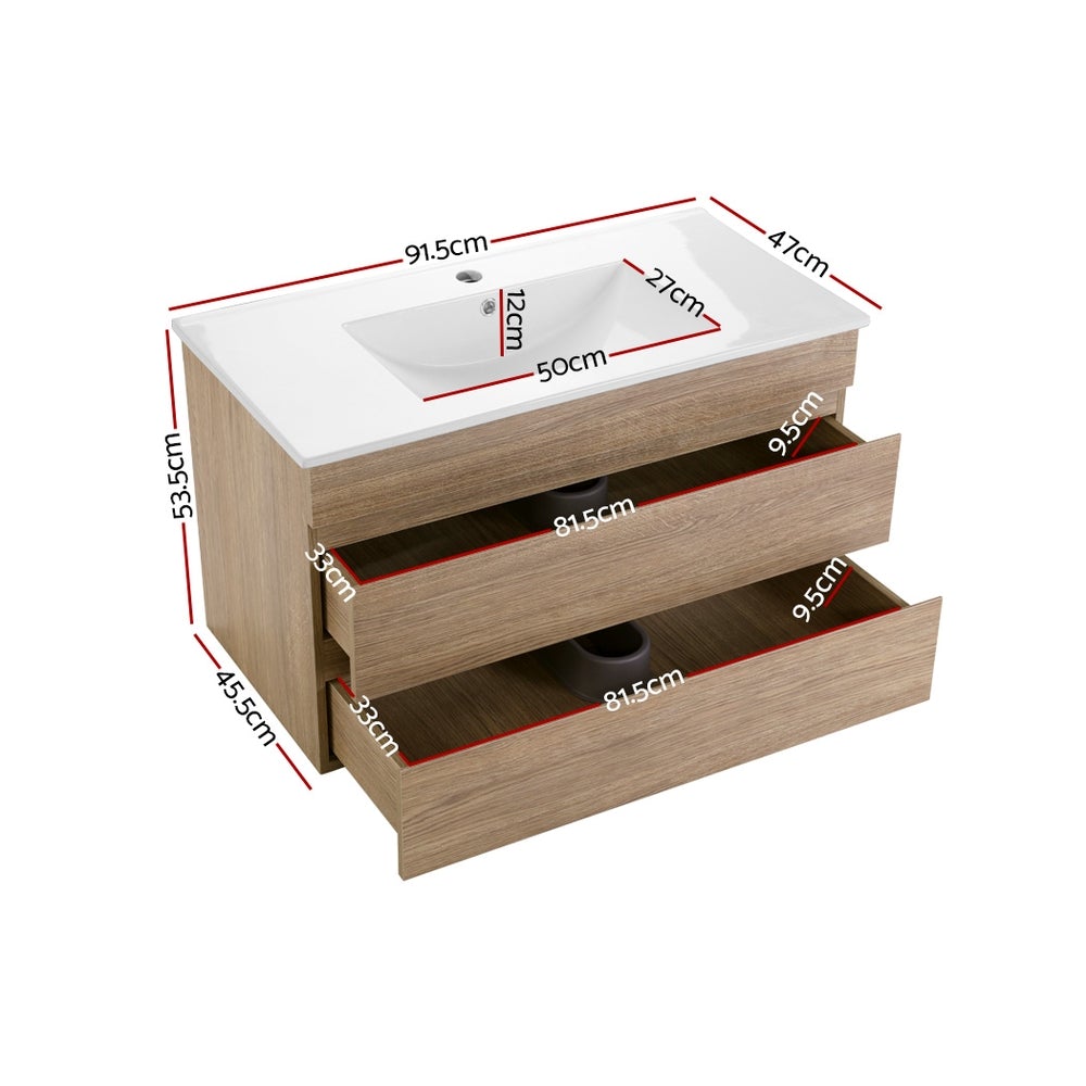 Wall-Hung Bathroom Vanity Unit — 900mm, Oak & White