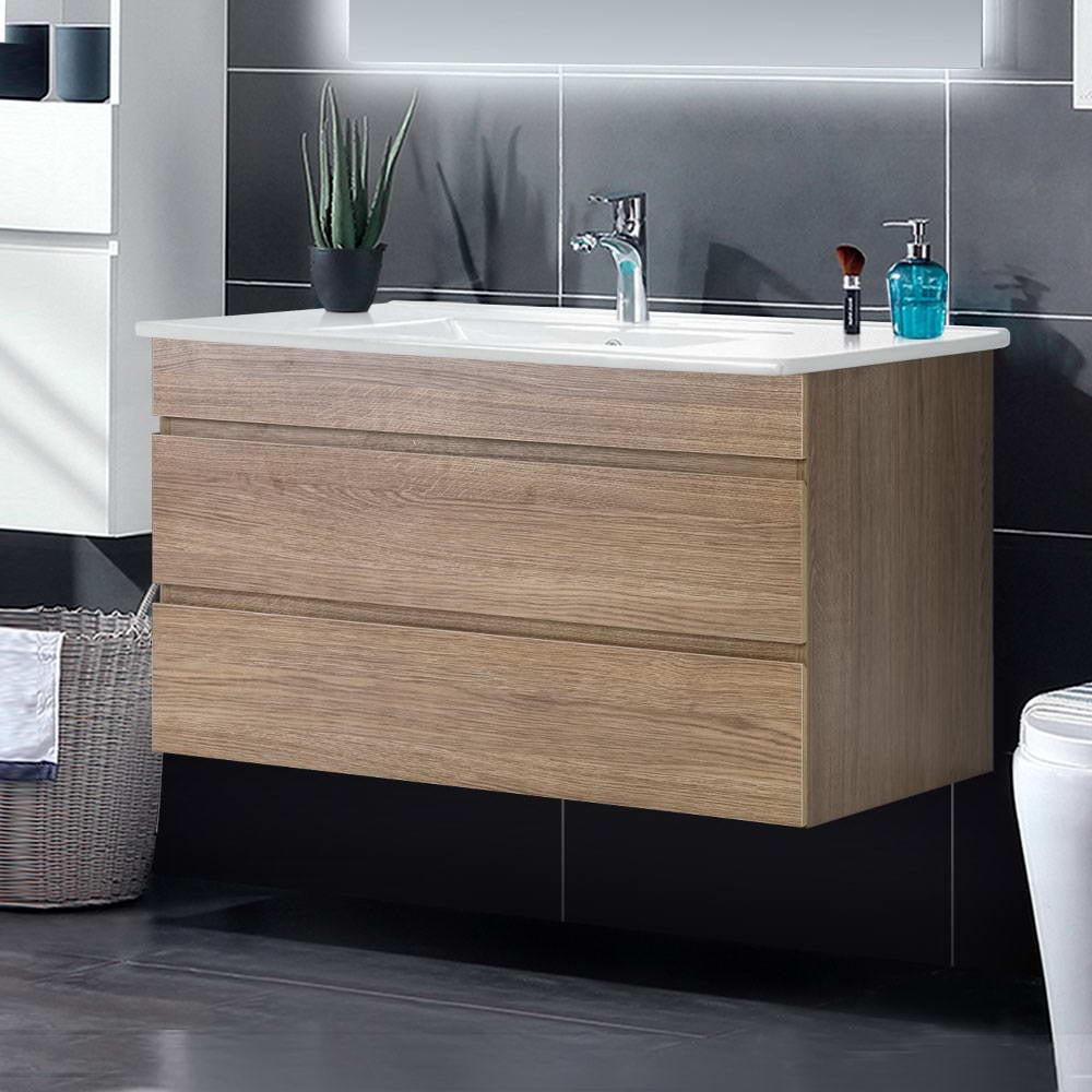 Wall-Hung Bathroom Vanity Unit — 900mm, Oak & White