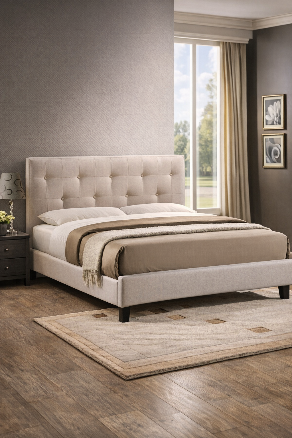 Beige Fabric Platform Bed – Full Size