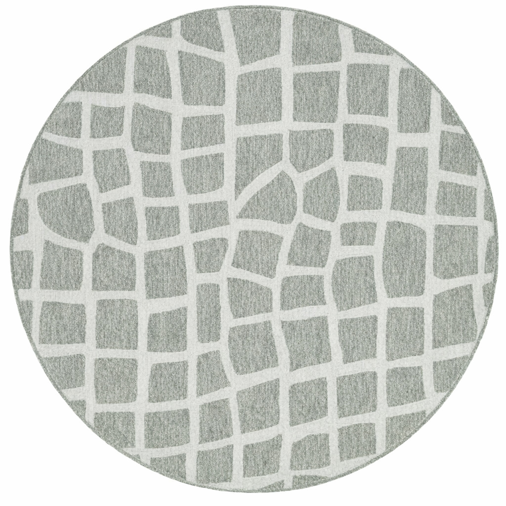 Abstract Tiles Round Indoor Outdoor Rug — Ivory & Grey