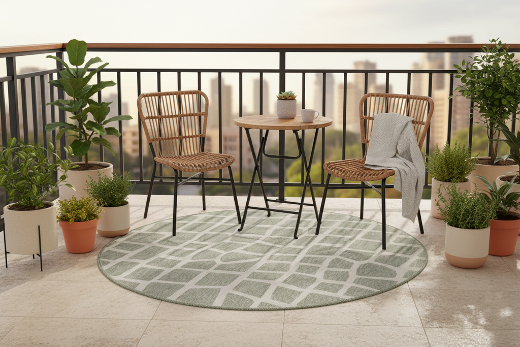 Abstract Tiles Round Indoor Outdoor Rug — Ivory & Grey