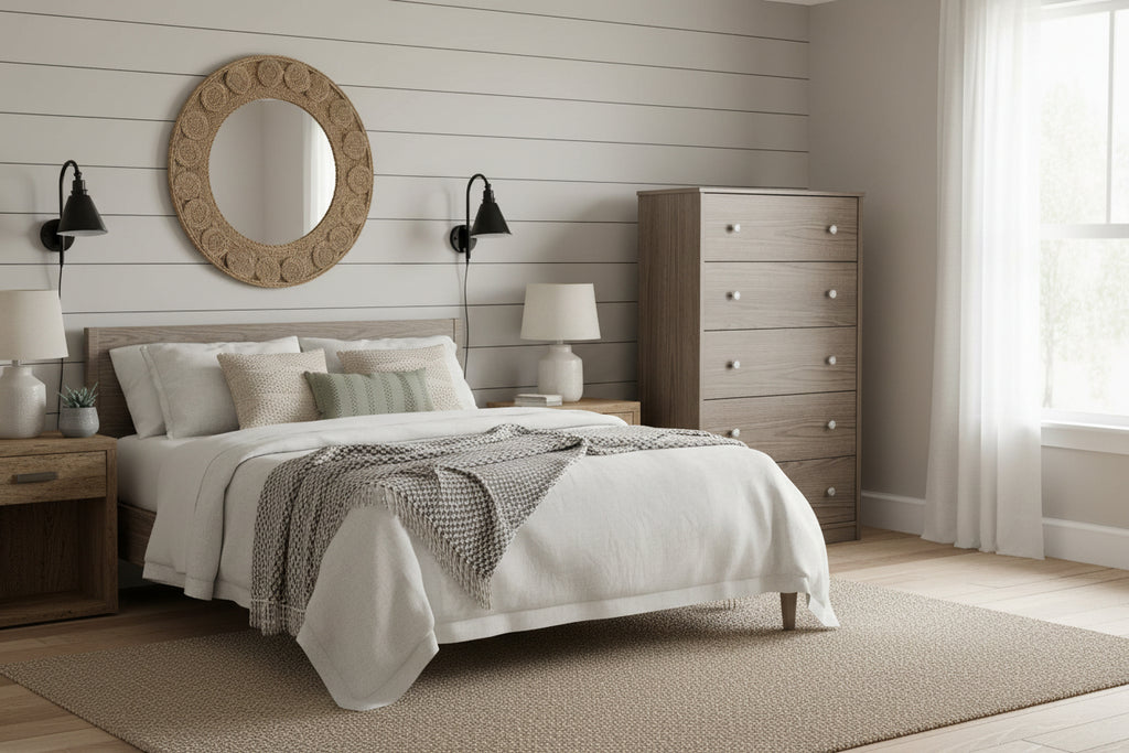 Wooden dresser with five drawers on a white background