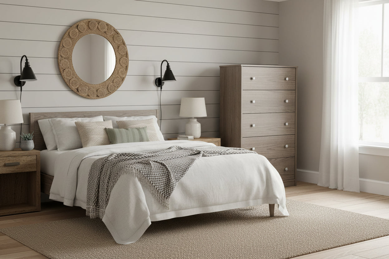 Wooden dresser with five drawers on a white background