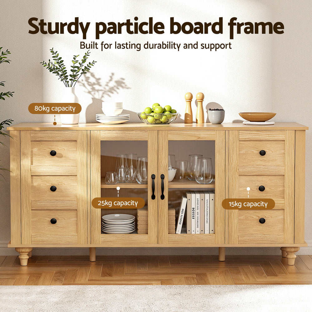 Wooden cabinet with glass doors and drawers, featuring text on durability and capacity.
