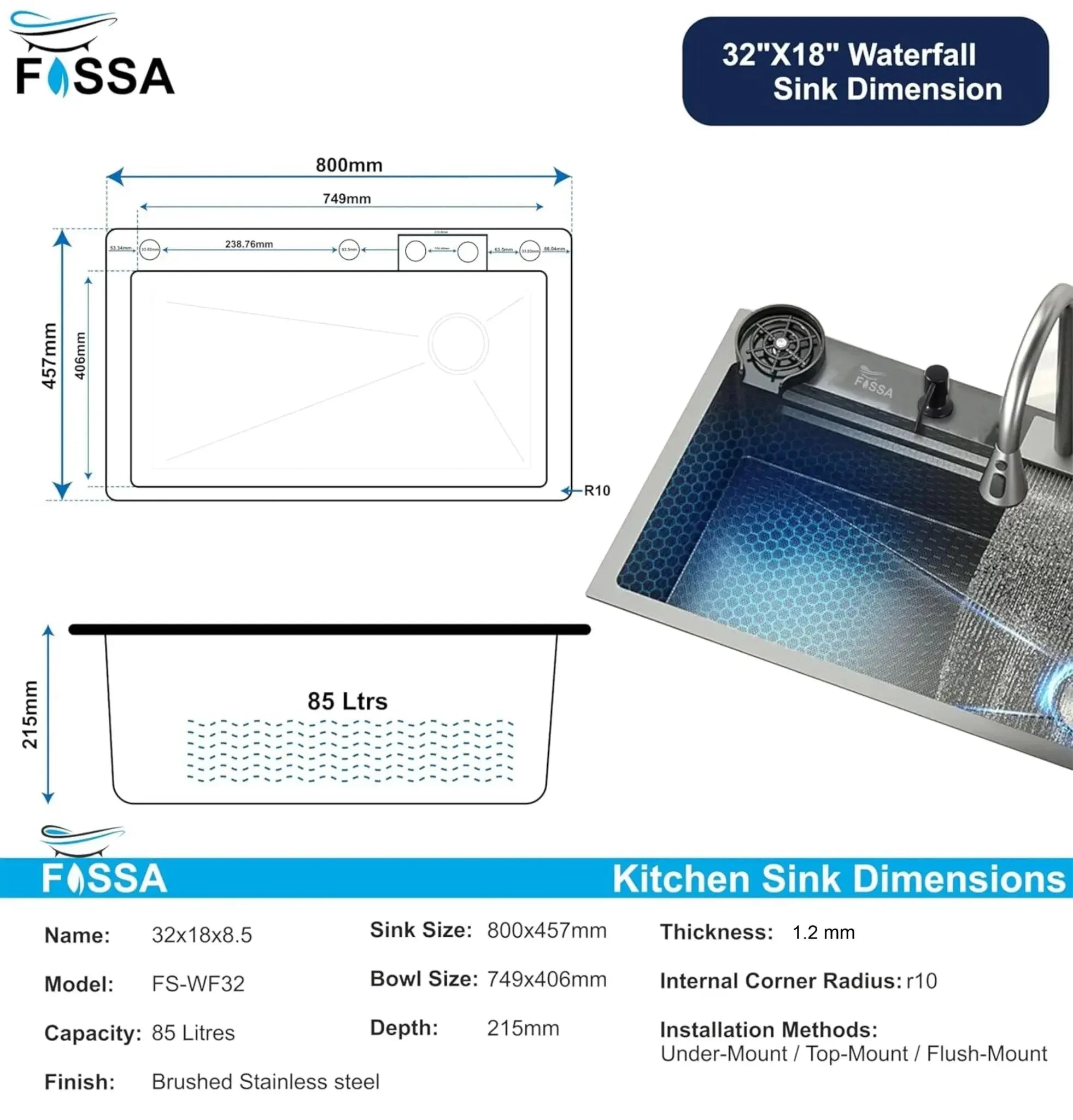 Waterfall Kitchen (32 x18 x10') Inch 304 Stainless Steel  Kitchen Sink Black