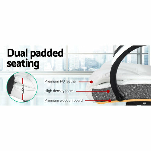 Chair with dual padded seating features highlighted, including premium PU leather, high-density foam, and wooden board.