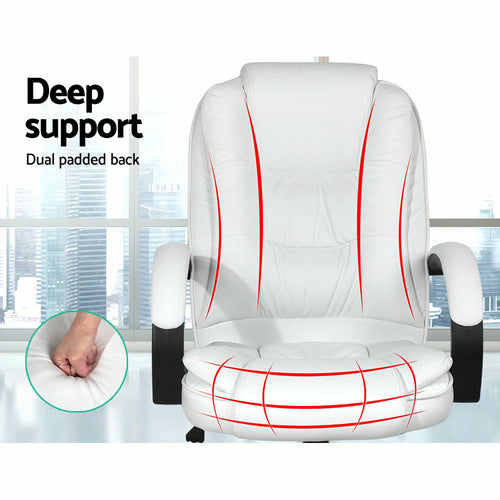 White massage chair with red lines indicating pressure points, set against a blurred office background.