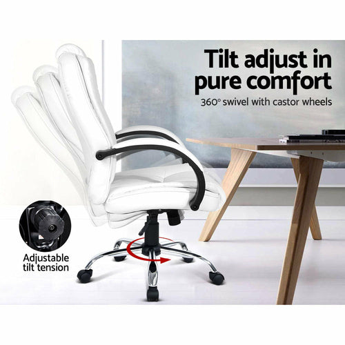 White office chair with adjustable tilt tension feature in a room setting.