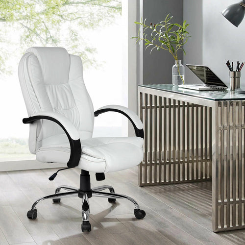 White office chair in a modern office setting with a desk and laptop.