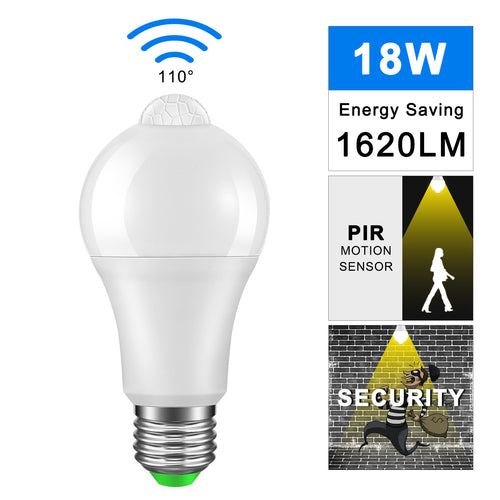 LED light bulb with motion sensor features on a white background