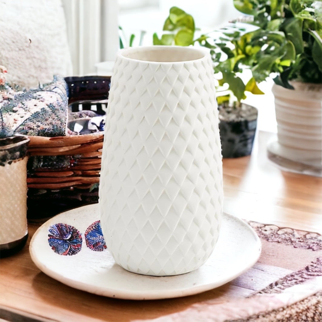 Diamond Weave White Ceramic Vase